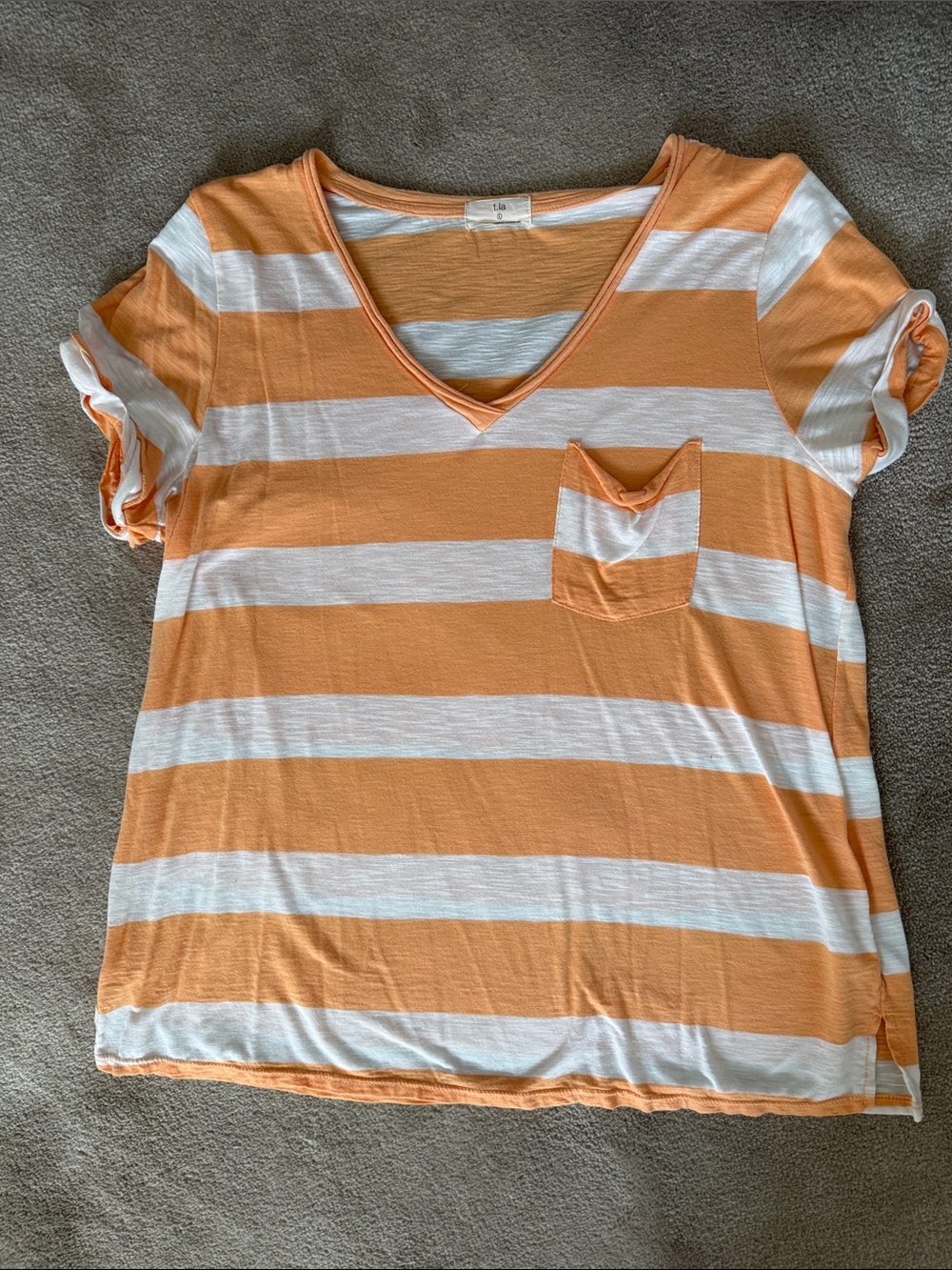 T.La Striped V-Neck Pocket Tee - Peach & White